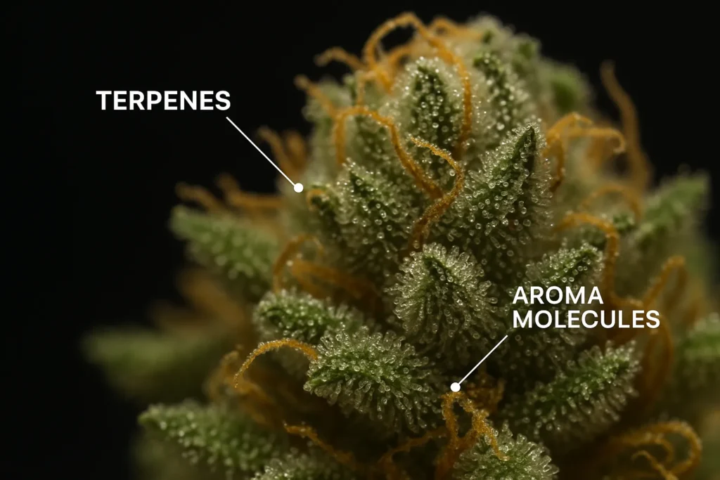 What Are Terpenes? 1 Terpenes visible on the cannabis plant, asking the question: what are terpenes