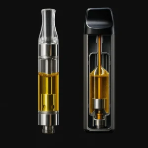 Alt: 3D photorealistic rendering of vape cartridge and disposable vape cut open to show internal chambers, used in carts vs disposables blog.