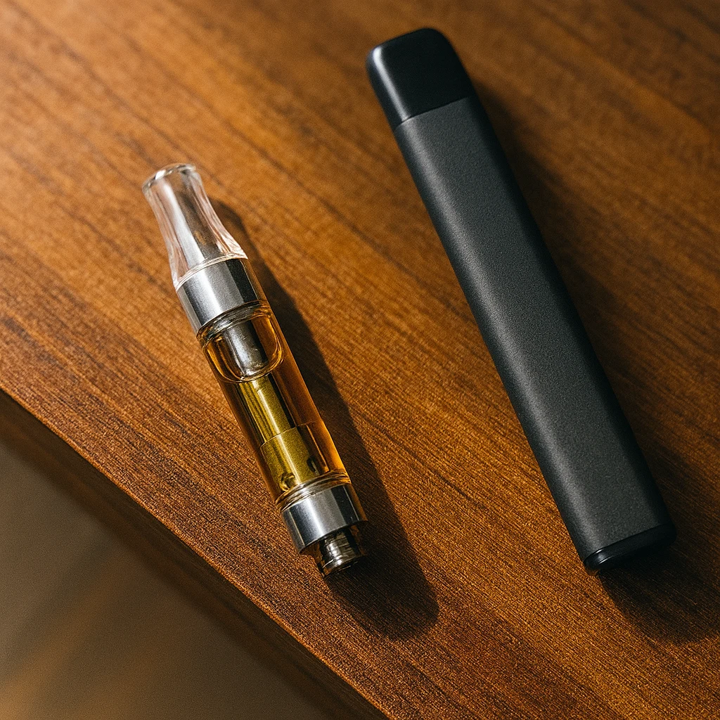 Carts vs Disposables: Which THC Vape Option Fits You Best? 1 Photorealistic lifestyle scene of a cartridge and disposable vape on a wooden table, highlighting pros and cons of vape disposables.