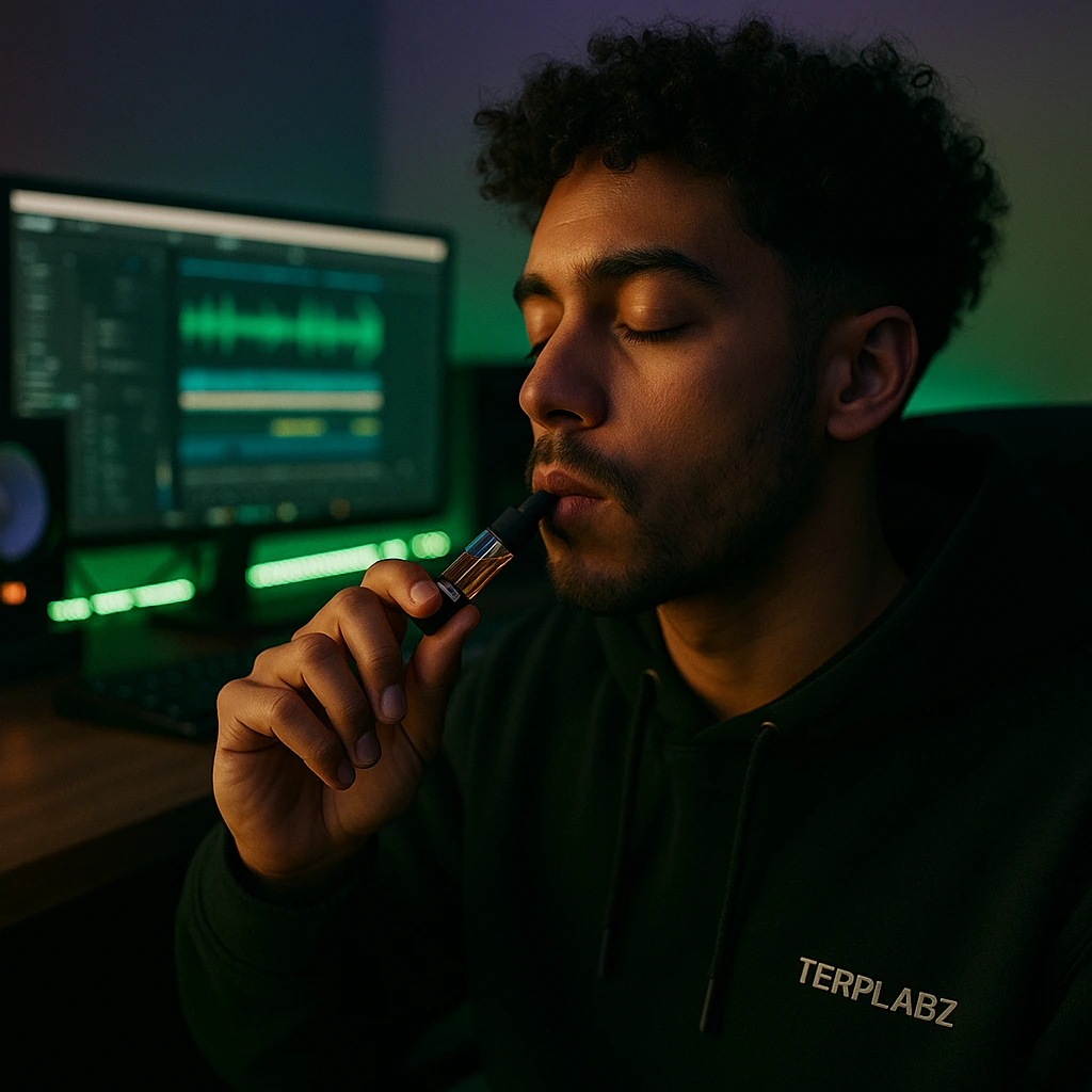 Person vaping a Delta 9 THC cartridge