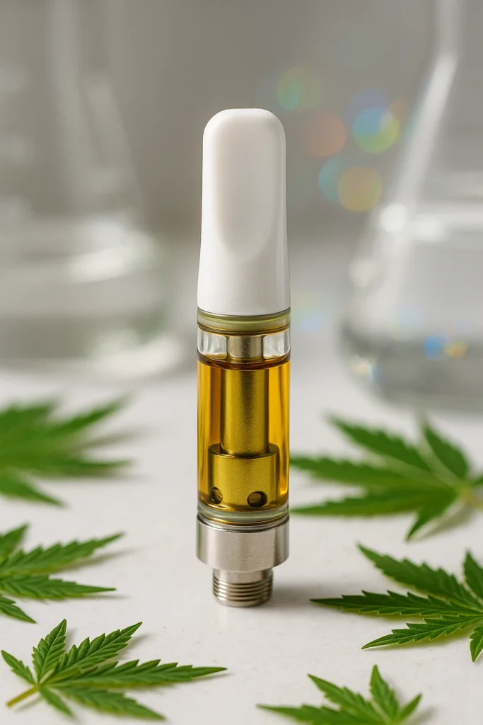 THC Vape Entourage Effect: How Cannabinoids and Terpenes Work Together 1 Photorealistic premium stock photo of a TERPLABZ vape cartridge with glowing golden oil.