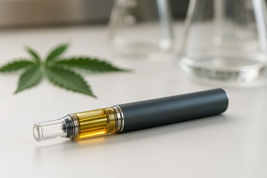 THC Vape Entourage Effect: How Cannabinoids and Terpenes Work Together 2 stock photo of a THC vape cartridge with lab glassware, symbolizing cannabinoids and terpenes.