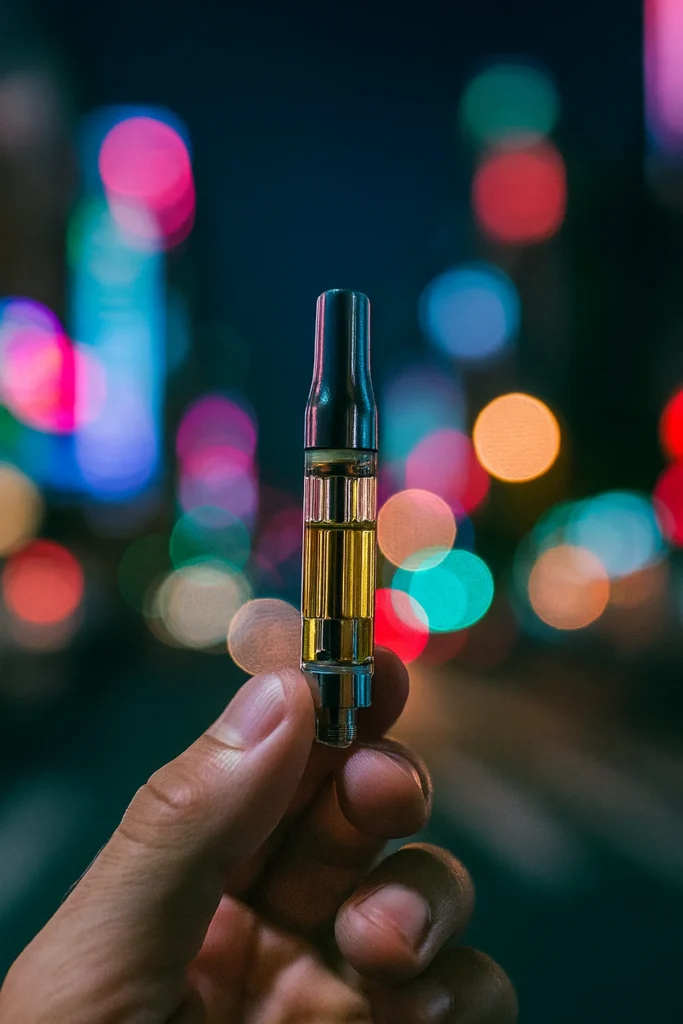 Indica Cannabis: Effects, Strains, and Vapes Explained 1 thc catridge with indica cannabis next to it